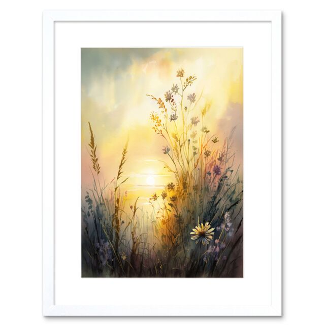 "Artery8 Wall Art Print Wildflower by Lakeside on a Misty Morning Sunrise Modern Watercolour Painting Artwork Framed 9X7 Inch - Size: W7"" x H9""" - image 1