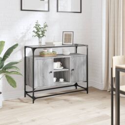 Berkfield Home Sideboard with Glass Top Grey Sonoma 98x35x81 cm Engineered Wood - Size: 98 x 35 x 81 cm - thumbnail 1