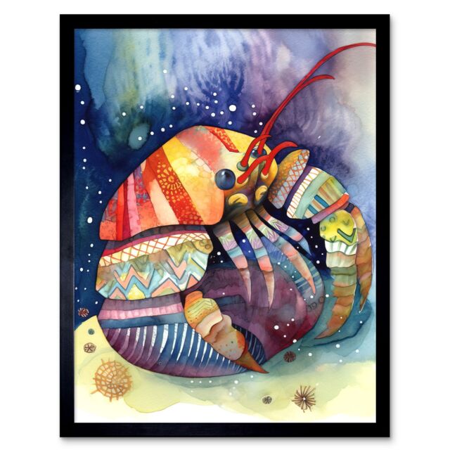 "Artery8 Wall Art Print Hermit Crab Folk Art Watercolour Painting Art Framed in Black - Size: W12"" x H16""" - image 1