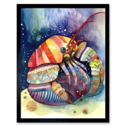 "Artery8 Wall Art Print Hermit Crab Folk Art Watercolour Painting Art Framed in Black - Size: W12"" x H16""" - thumbnail 1