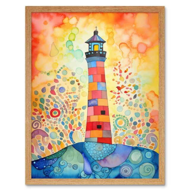 "Artery8 Wall Art Print Lighthouse At Sunset Dreamy Folk Art Watercolour Painting Art Framed in Light Oak - Size: W12"" x H16""" - image 1