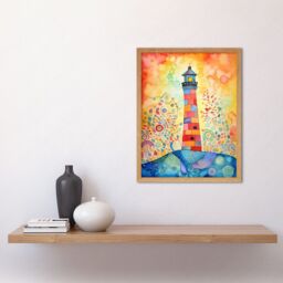 "Artery8 Wall Art Print Lighthouse At Sunset Dreamy Folk Art Watercolour Painting Art Framed in Light Oak - Size: W12"" x H16""" - thumbnail 2