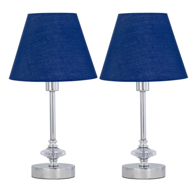 First Choice Lighting Set of 2 Chrome Jewelled Table Lamps with Navy Blue Shades in Silver - image 1