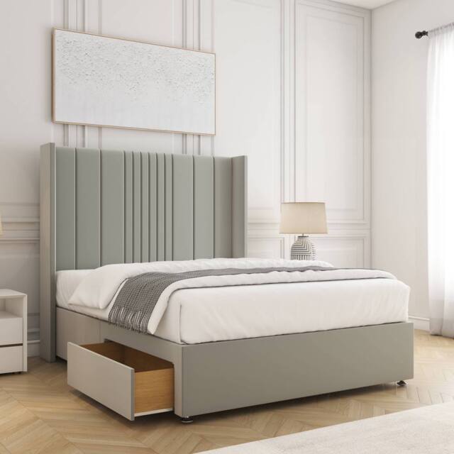"BSSPOKE Charlotte Divan Bed Set Plush 54""Headboard 2Drawers Footend & Mattress in Silver - Size: King" - image 1