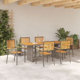 Berkfield Home 7 Piece Garden Dining Set Grey Poly Rattan Acacia - thumbnail 4