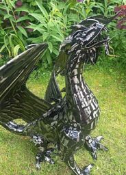 Inspirational Gifting Mystical Dragon Garden Ornament Sculpture in Platework Metal in Black