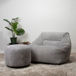 icon Corduroy Bean Bag Armchair & Round Beanbag Footstool in Light Grey - thumbnail 1