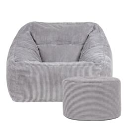 icon Corduroy Bean Bag Armchair & Round Beanbag Footstool in Light Grey - thumbnail 2