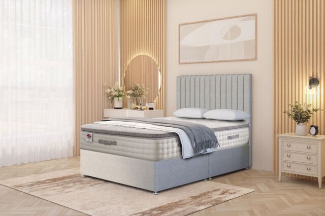 "Somnior Eleanor Linen Divan Bed Set with Pillowtop Mattress & 54"" Headboard in Light Grey - Size: Double" - image 1