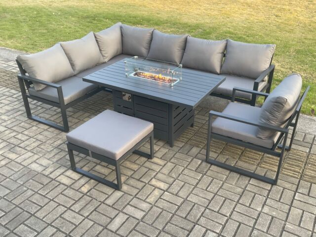 Fimous Aluminium Outdoor Garden Furniture Corner Sofa Gas Fire Pit Dining Table Sets Gas Heater Burner with Chair Big Footstool 8 Seater in Dark Grey