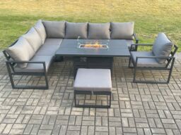 Fimous Aluminium Outdoor Garden Furniture Corner Sofa Gas Fire Pit Dining Table Sets Gas Heater Burner with Chair Big Footstool 8 Seater in Dark Grey - thumbnail 2