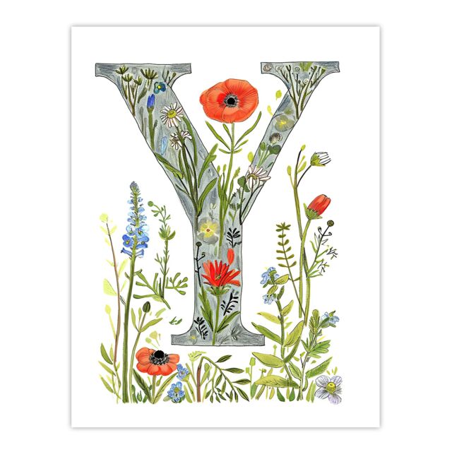 "Artery8 Women's Wall Art Print Letter Y in Watercolour & Pencil Poppy Garden Floral Word Art For Her Poster - Size: W18"" x H24""" - image 1