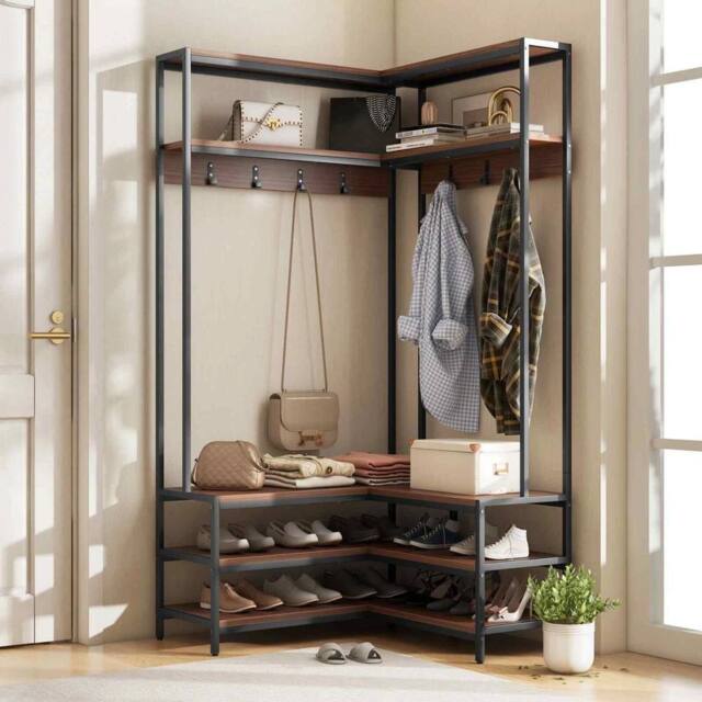VOGREX Walnut L-Shaped Corner Garment Rack with Shoe Bench in Brown - image 1
