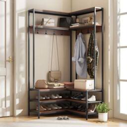 VOGREX Walnut L-Shaped Corner Garment Rack with Shoe Bench in Brown - thumbnail 1