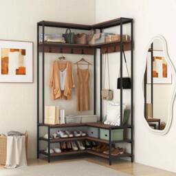 VOGREX Walnut L-Shaped Corner Garment Rack with Shoe Bench in Brown - thumbnail 4