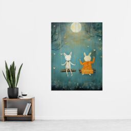 "Artery8 Wall Art Print Rabbits on a Swing with Moonlit Butterflies Calming Baby Nursery Artwork Poster in Blue - Size: W18"" x H24""" - thumbnail 2