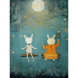 "Artery8 Wall Art Print Rabbits on a Swing with Moonlit Butterflies Calming Baby Nursery Artwork Poster in Blue - Size: W18"" x H24""" - thumbnail 1