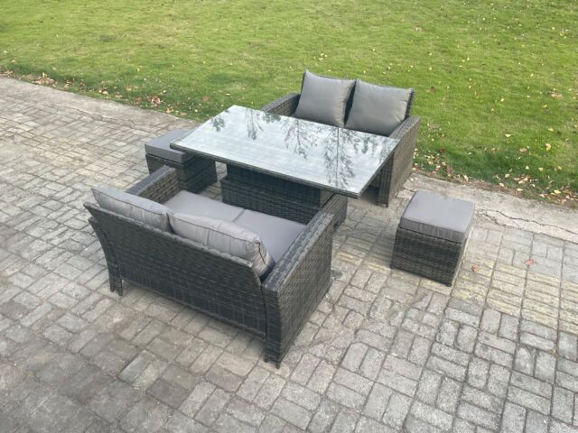 Fimous 5 Pieces Garden Furniture Sets Poly Rattan Outdoor Patio Height Adjustable Rising Lifting Table Sofa Dining Set with 2 Small Footstools - image 1