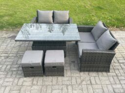 Fimous 5 Pieces Garden Furniture Sets Poly Rattan Outdoor Patio Height Adjustable Rising Lifting Table Sofa Dining Set with 2 Small Footstools - thumbnail 2