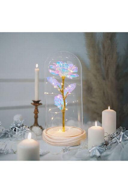Living and Home Eternal Rose Flower in Glass Dome with Wooden Base & LED Lighting for Gift - image 1
