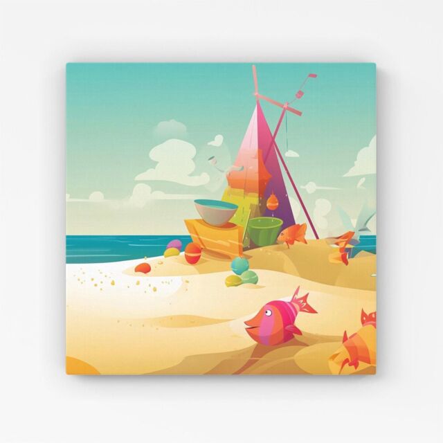 Warren Reed - Designer Fish On A Beach Holiday Canvas in Yellow - Size: w10 inch x h10 inch - image 1