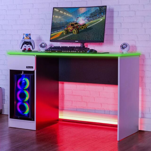 X Rocker Carbon-Tek 120cm LED Gaming Desk with Drawer & Charging in White - image 1