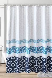 Neel Blue Abstract Geometric Navy Blue & White Bathroom Shower Curtain with 12 Hooks - Size: 180 cm width x 180 cm drop