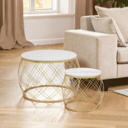Orsina Set of 2 White Marble Top Side Tables with Gold Frame, Round Tempered Marble Tops on Gold Iron Bases - thumbnail 9