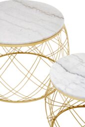 Orsina Set of 2 White Marble Top Side Tables with Gold Frame, Round Tempered Marble Tops on Gold Iron Bases - thumbnail 5