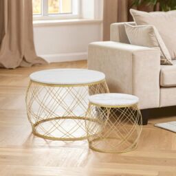 Orsina Set of 2 White Marble Top Side Tables with Gold Frame, Round Tempered Marble Tops on Gold Iron Bases - thumbnail 8