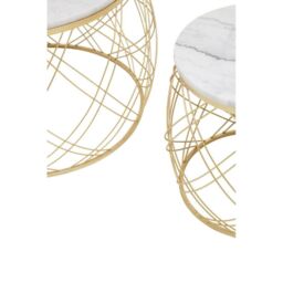 Orsina Set of 2 White Marble Top Side Tables with Gold Frame, Round Tempered Marble Tops on Gold Iron Bases - thumbnail 7