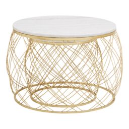 Orsina Set of 2 White Marble Top Side Tables with Gold Frame, Round Tempered Marble Tops on Gold Iron Bases - thumbnail 3