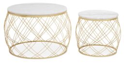 Orsina Set of 2 White Marble Top Side Tables with Gold Frame, Round Tempered Marble Tops on Gold Iron Bases - thumbnail 6