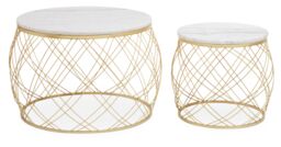 Orsina Set of 2 White Marble Top Side Tables with Gold Frame, Round Tempered Marble Tops on Gold Iron Bases