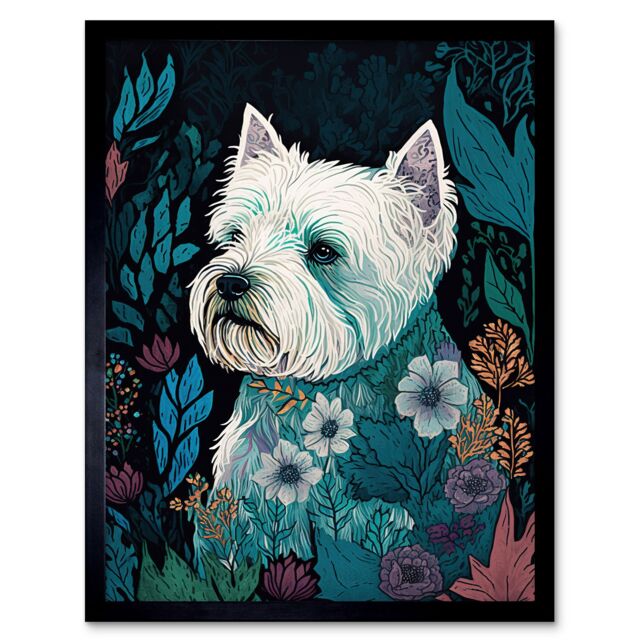 "Artery8 Wall Art Print West Highland White Terrier in Flowers Dark Multicoloured Linocut Art Framed in Black - Size: W12"" x H16""" - image 1