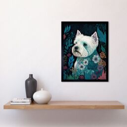 "Artery8 Wall Art Print West Highland White Terrier in Flowers Dark Multicoloured Linocut Art Framed in Black - Size: W12"" x H16""" - thumbnail 2