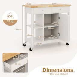 Costway Kitchen Trolley Cart Rolling Kitchen Island with Cabinet & Rubber Wood Top in White - thumbnail 3