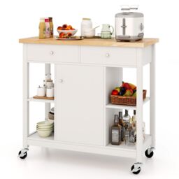 Costway Kitchen Trolley Cart Rolling Kitchen Island with Cabinet & Rubber Wood Top in White - thumbnail 2
