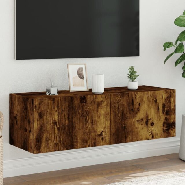 Berkfield Home TV Wall Cabinet with LED Lights Smoked Oak 100x35x31 cm in Brown - Size: 100 x 35 x 31 cm - image 1
