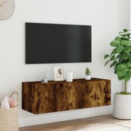 Berkfield Home TV Wall Cabinet with LED Lights Smoked Oak 100x35x31 cm in Brown - Size: 100 x 35 x 31 cm - thumbnail 6