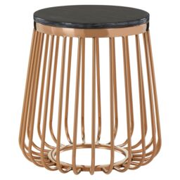 Orsina Cage Design Round Side Table, Rose Gold Stainless Steel Base With Black Faux Marble Top, End Table