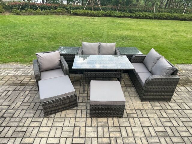Fimous 7 Seater Lounge Rattan Sofa Set Outdoor Garden Furniture Oblong Rectangular Dining Table With Chairs 2 Big Footstool 2 Side Tables in Dark Grey - image 1
