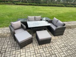 Fimous 7 Seater Lounge Rattan Sofa Set Outdoor Garden Furniture Oblong Rectangular Dining Table With Chairs 2 Big Footstool 2 Side Tables in Dark Grey - thumbnail 2