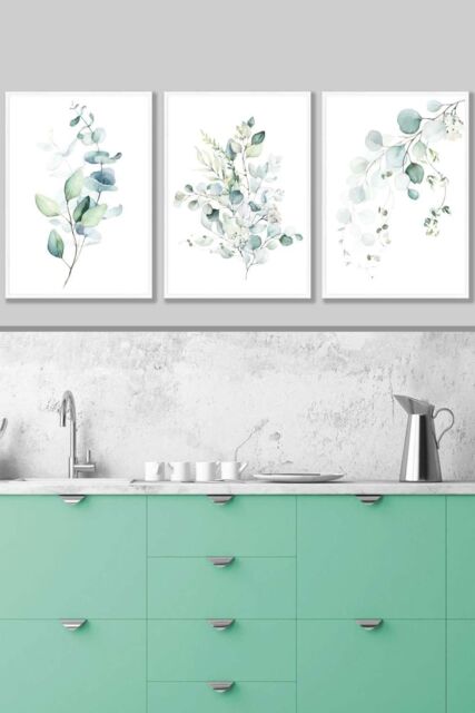 ARTZE Set of 3 White Framed Green Blue Watercolour Eucalyptus Set 3 Wall Art in Light Green - Size: W33 cm x H45 cm x D20mm - image 1