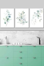 ARTZE Set of 3 White Framed Green Blue Watercolour Eucalyptus Set 3 Wall Art in Light Green - Size: W33 cm x H45 cm x D20mm - thumbnail 1