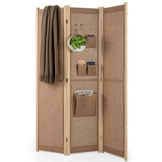 Havendro Folding Privacy Screen 3-Panel Linen Room Divider Hooks-Natural in Natural - image 1