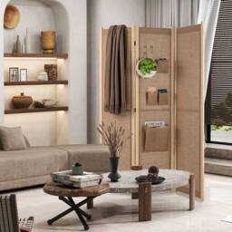 Havendro Folding Privacy Screen 3-Panel Linen Room Divider Hooks-Natural in Natural - thumbnail 3