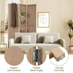 Havendro Folding Privacy Screen 3-Panel Linen Room Divider Hooks-Natural in Natural - thumbnail 4
