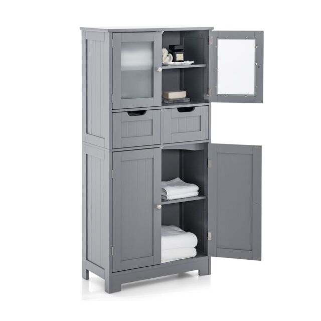 Gymax Tall Bathroom Cabinet Double Door Storage Organizer With 2 Drawers in Grey - image 1