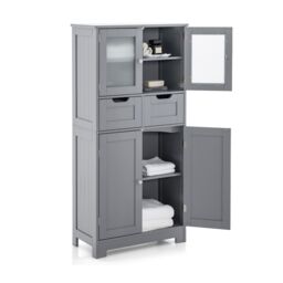 Gymax Tall Bathroom Cabinet Double Door Storage Organizer With 2 Drawers in Grey
